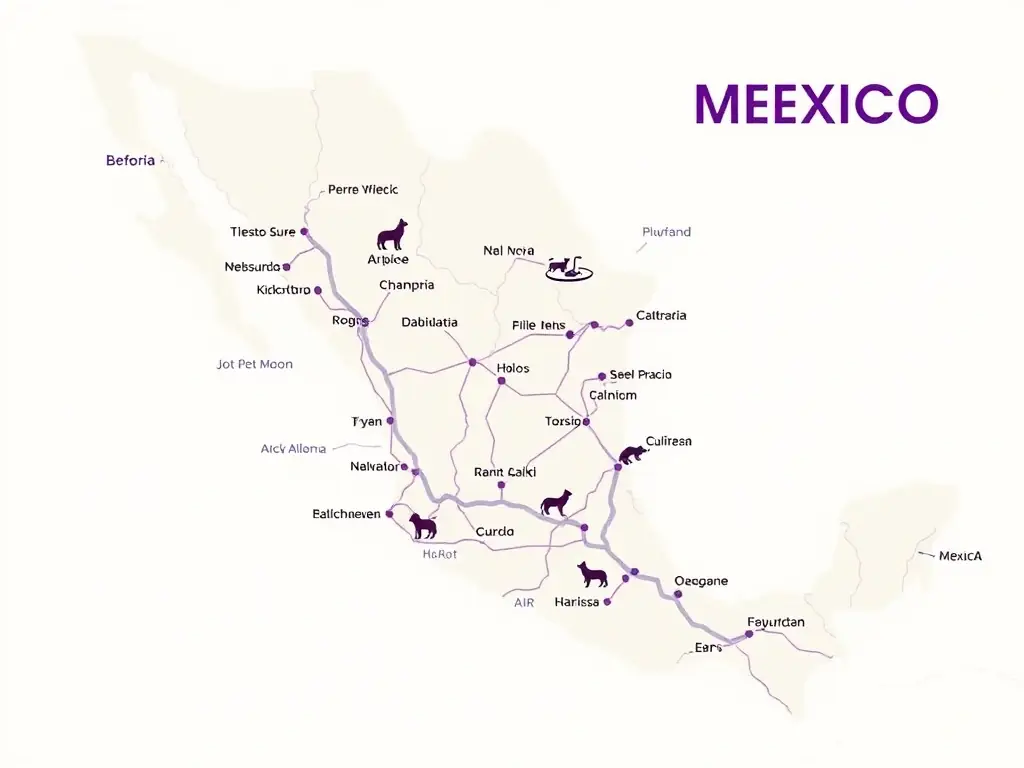 A detailed map of Mexico highlighting major cities and transport routes, with a focus on pet-friendly travel options and PetCare VIP's service areas within the country.