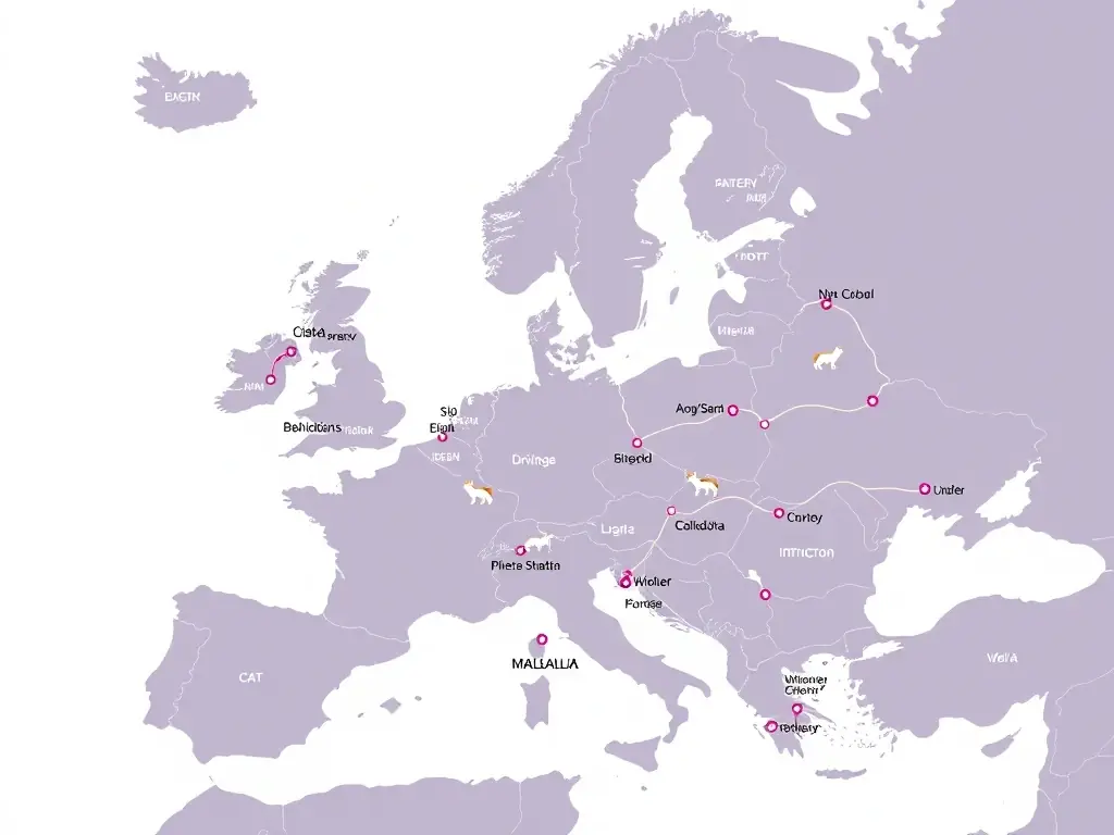 A detailed map of Europe highlighting major cities and transport routes, with a focus on pet-friendly travel options and PetCare VIP's service areas within the continent.