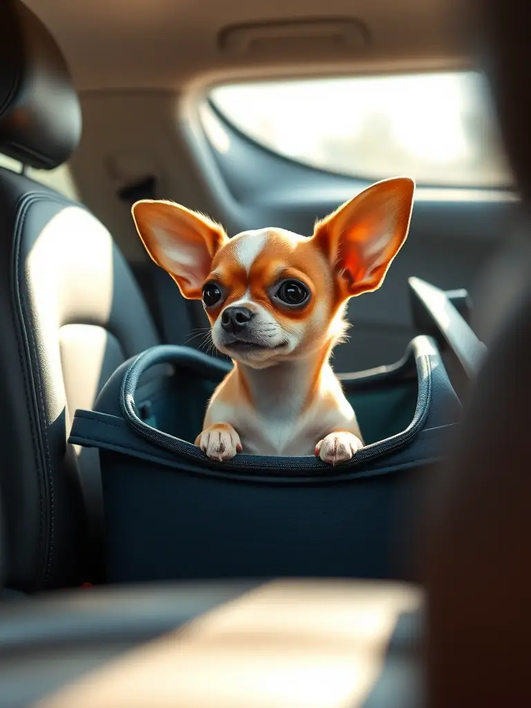 A medium shot of a chihuahua inside a pet carrier in a car, looking out the window, with a seatbelt around the carrier.