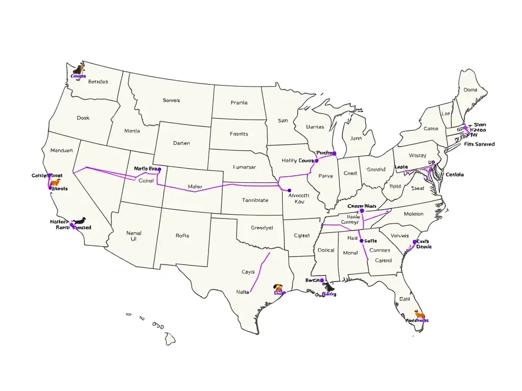 A detailed map of the United States highlighting major cities and transport routes, with a focus on pet-friendly travel options and PetCare VIP's service areas within the country.