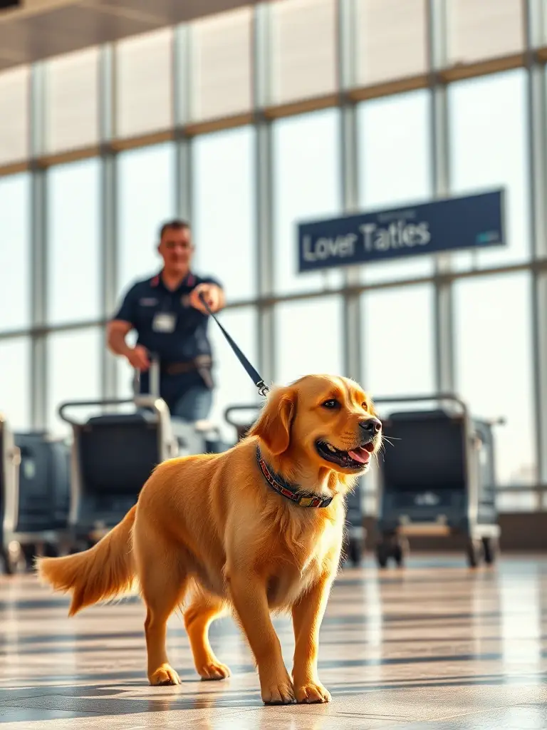 A medium shot of a pet handler walking a dog on a leash at an airport, with the airport terminal in the background.