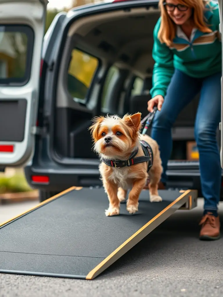 A small dog with a disability using a custom-made ramp to enter a PetCare VIP vehicle, with a caring handler assisting.