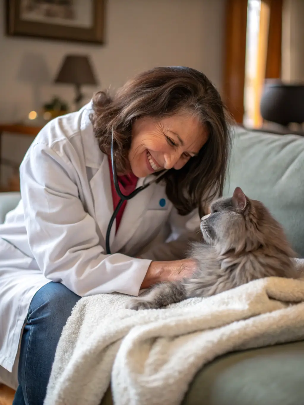 A close-up shot of a veterinarian giving a cat a checkup before a flight, ensuring it is fit to travel.
