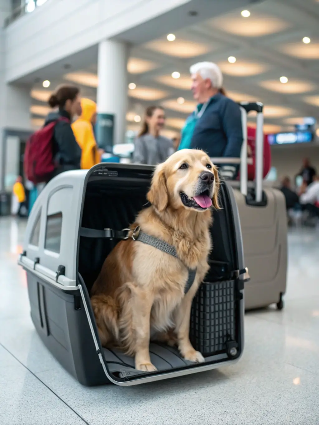 A medium shot of a golden retriever in a comfortable crate inside a cargo plane, looking relaxed and happy.
